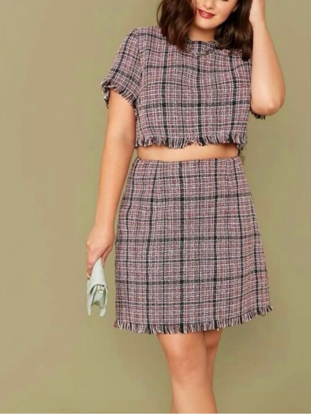 SHEIN Tweed plaid fringe top and skirt set